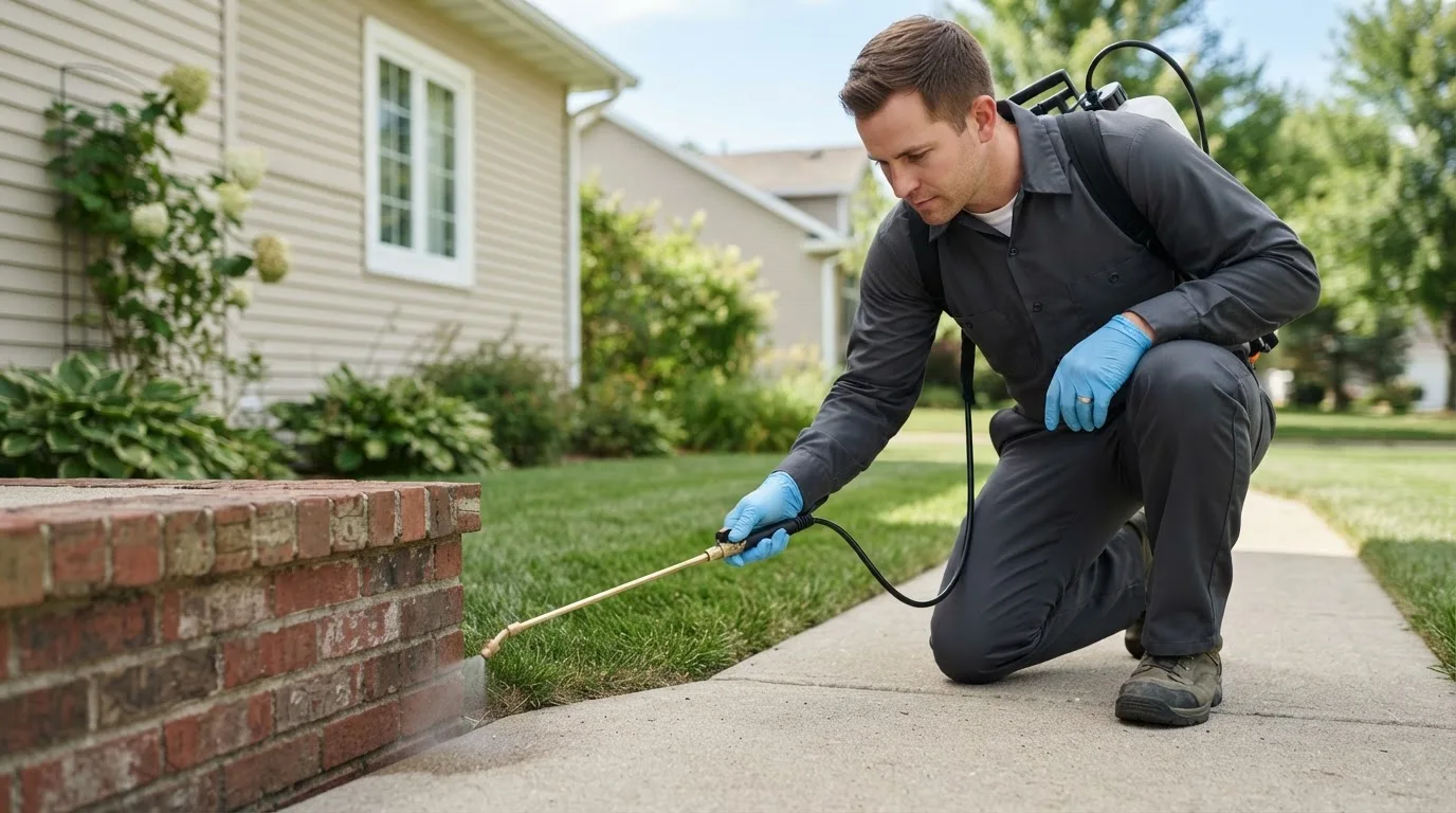 Pest control technician treating a home near Huntington, MA