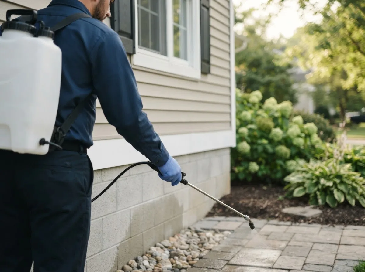Pest control technician inspecting a home in Huntington, MA